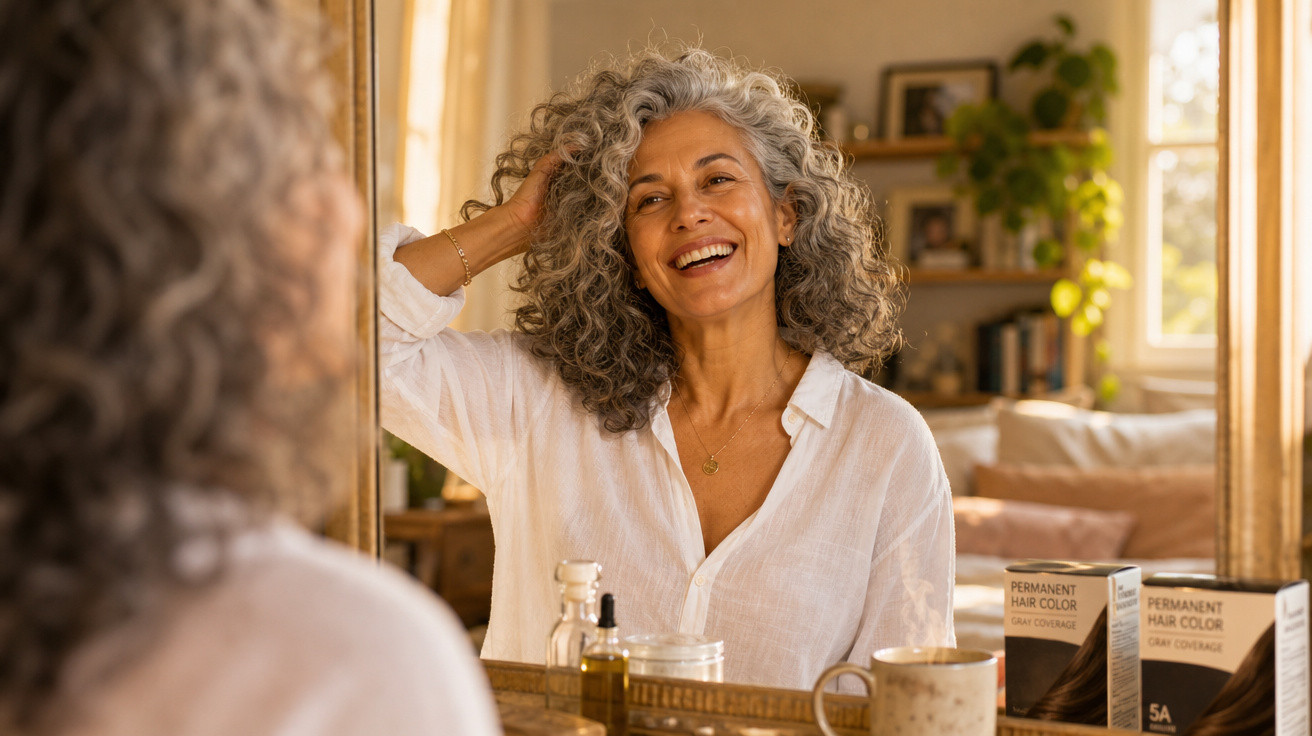Mulher madura sorridente com cabelo grisalho encaracolado, olhando no espelho em ambiente acolhedor.