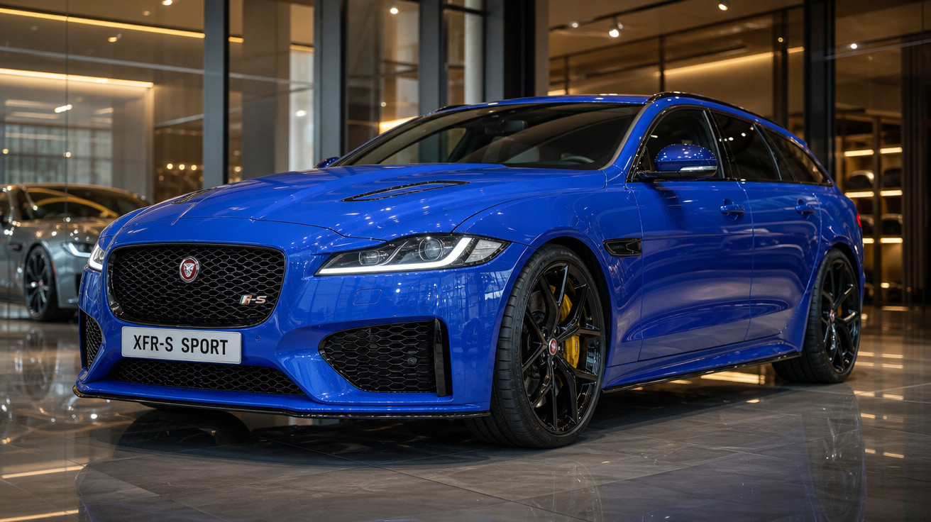 Carro Jaguar XFR-S Sport azul em showroom com rodas esportivas pretas e detalhes amarelos nos freios.