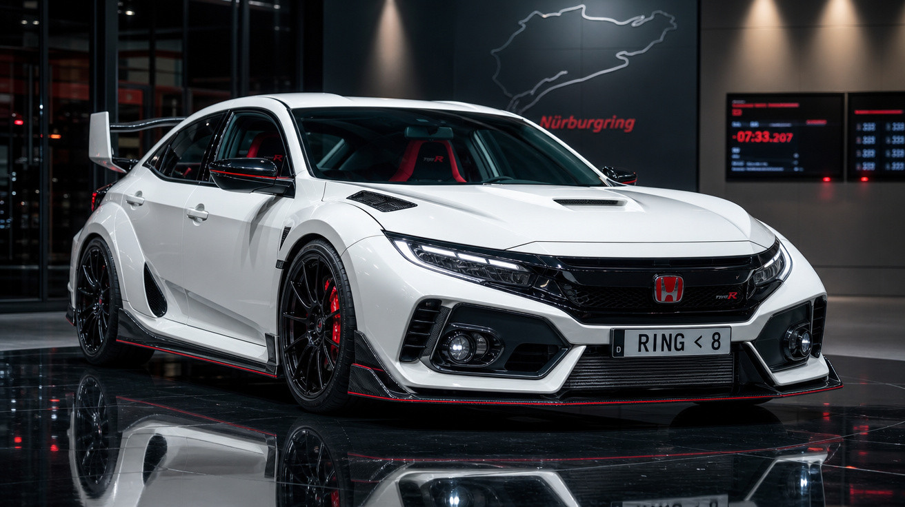 Carro esportivo Honda Civic Type R branco em exposição com detalhes em vermelho no Nürburgring.