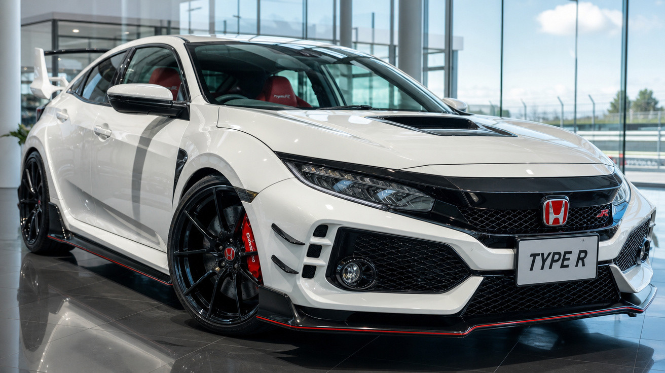Carro esportivo Honda Civic Type R branco com teto solar e detalhes em preto mesclado à exposição interna.