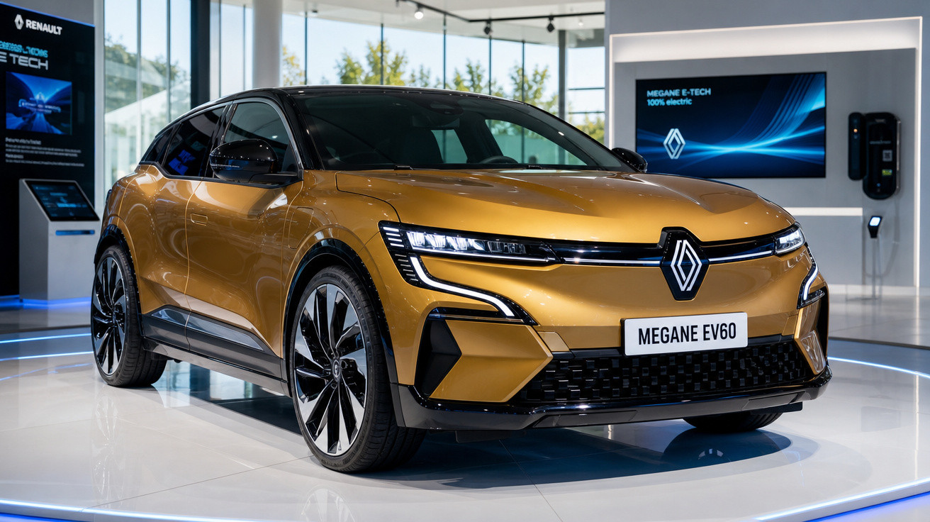 Carro elétrico Renault Megane EV60 dourado em exposição interna com painel digital ao fundo.