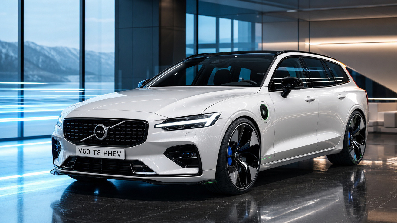 Carro Volvo V60 T8 PHEV branco estacionado em ambiente moderno com janelas panorâmicas e montanhas ao fundo.
