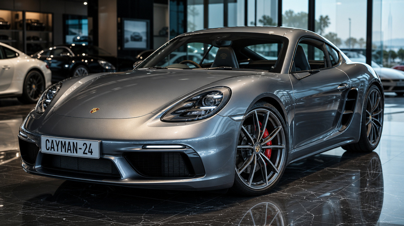 Carro esportivo Porsche Cayman prata exibido em showroom com piso de mármore refletivo.