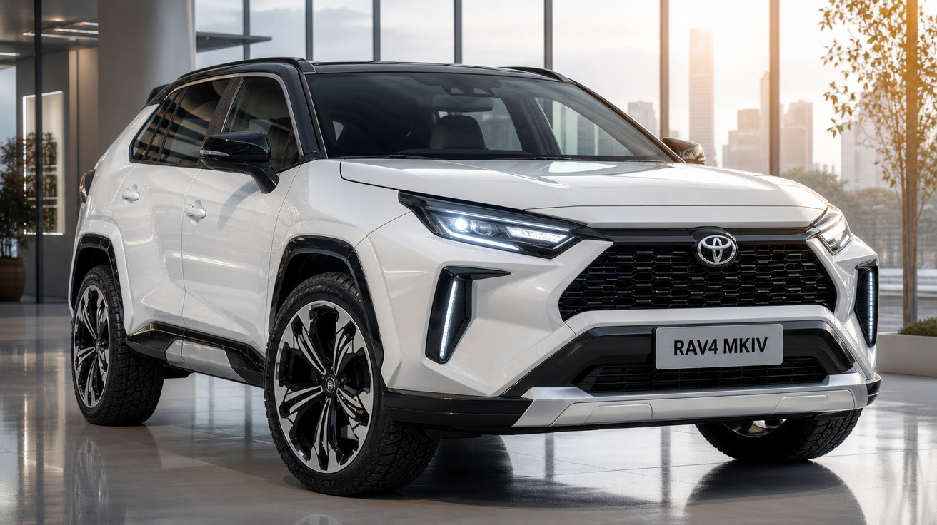 SUV Toyota RAV4 branco estacionado em ambiente interno moderno com iluminação natural.