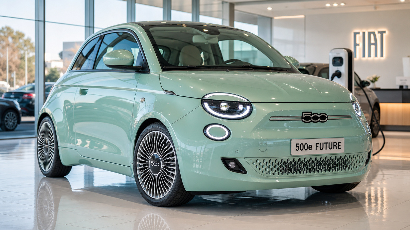 Carro elétrico Fiat 500e Future verde claro em showroom, modelo compacto e moderno.