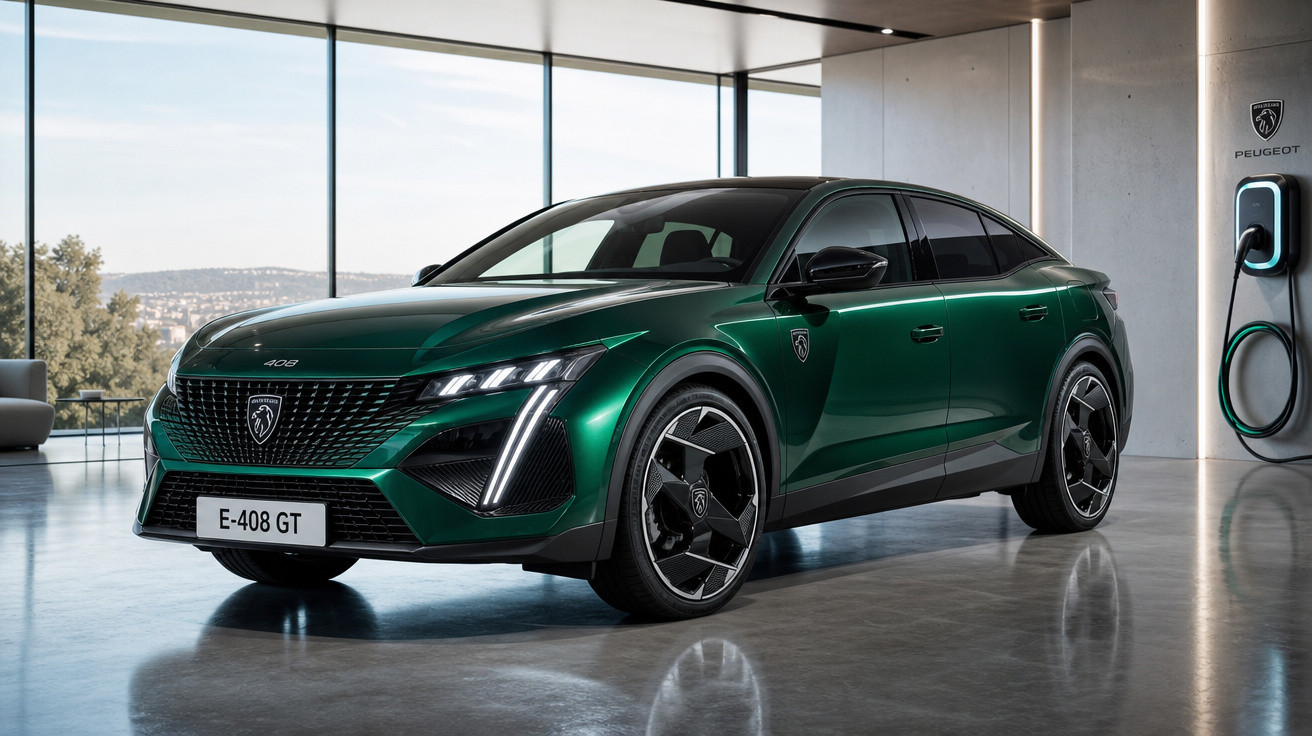 Carro elétrico Peugeot E-408 GT verde estacionado em garagem moderna com parede de vidro e carregador.
