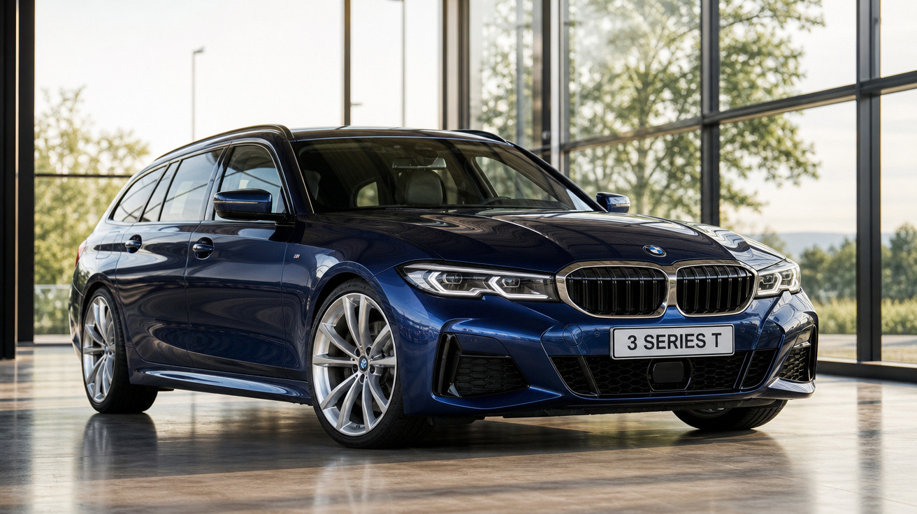 Carro BMW 3 Series Touring azul estacionado dentro de showroom com janelas grandes e vista externa.