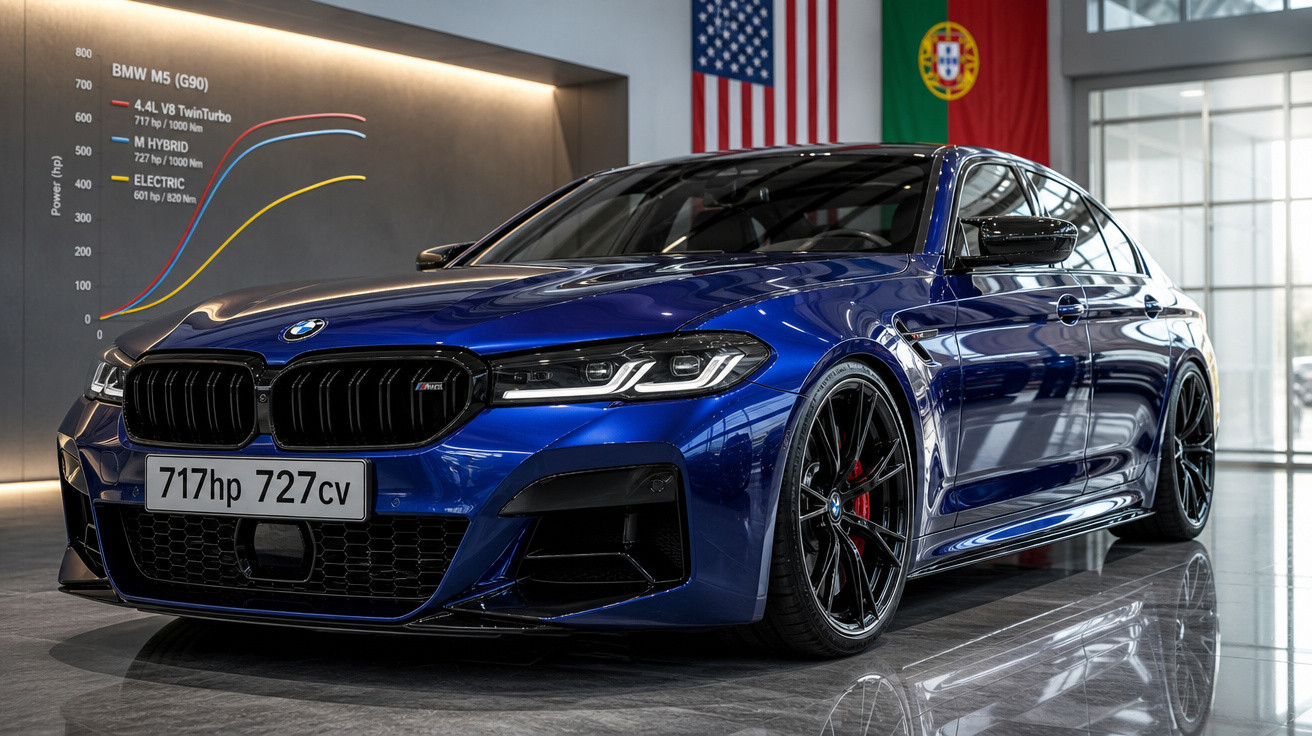Carro BMW M5 azul metálico exibido em showroom com gráfico de potência e bandeiras dos EUA e Portugal ao fundo.