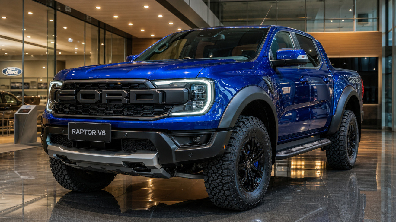 Picape Ford Raptor V6 azul exibida em showroom moderno com iluminação interna.