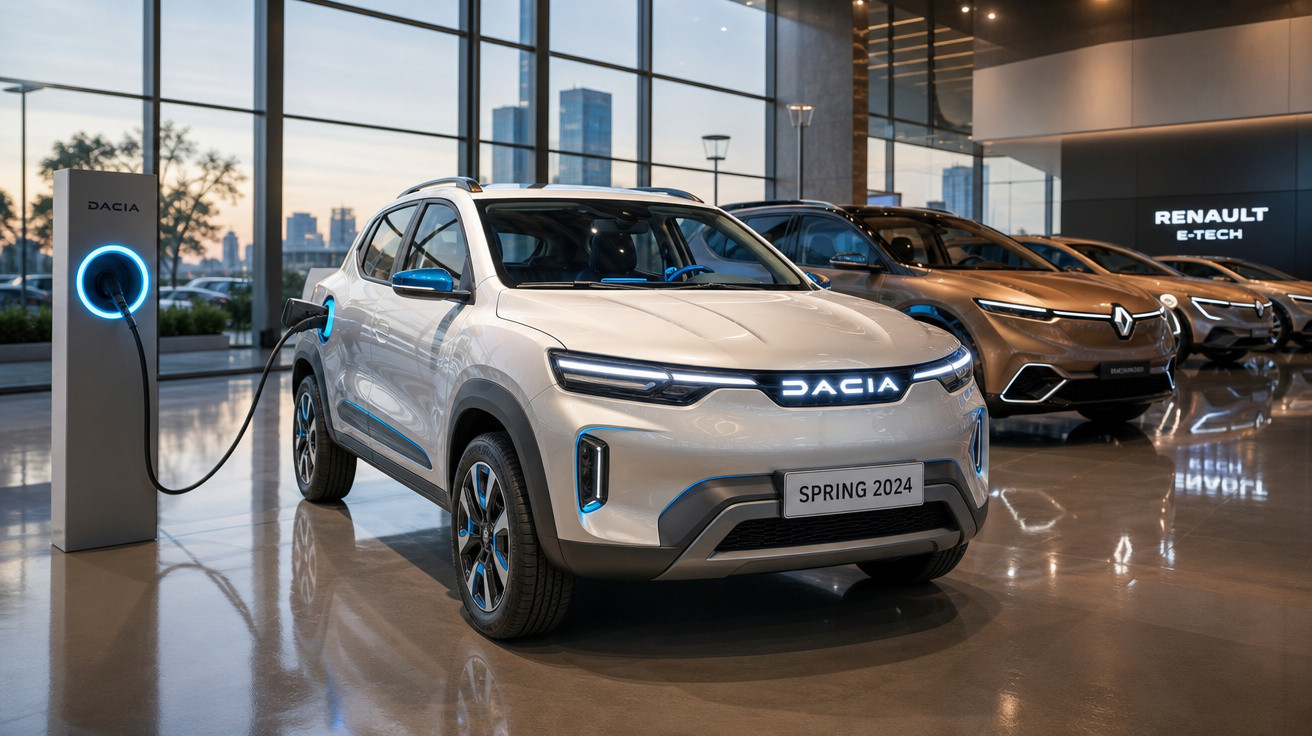 SUV elétrico branco Dacia Spring 2024 conectado a carregador em showroom moderno com outros carros na parede ao fundo.