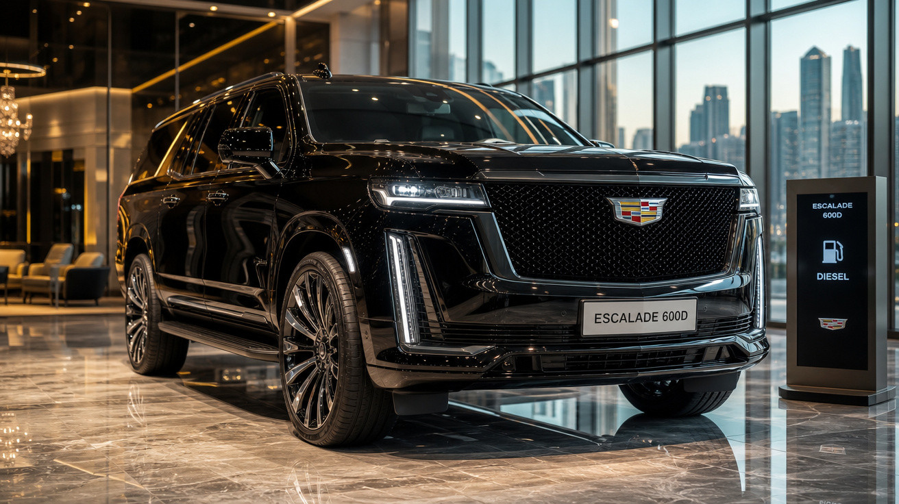SUV Cadillac Escalade 600D preta exibida em showroom moderno com piso de mármore e janelas amplas.