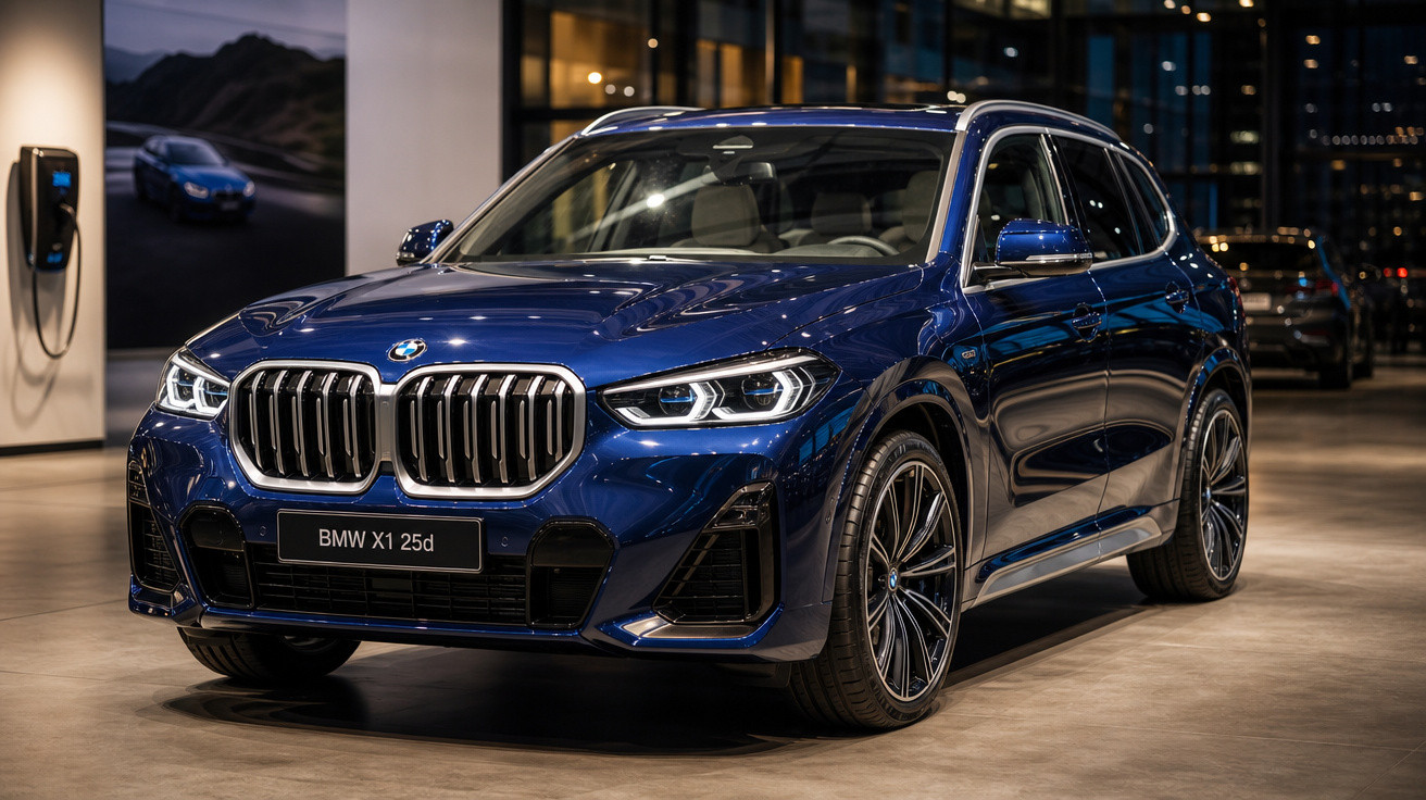 SUV BMW X1 25d azul em exposição interna com iluminação ambiente e parede reflexiva ao fundo.