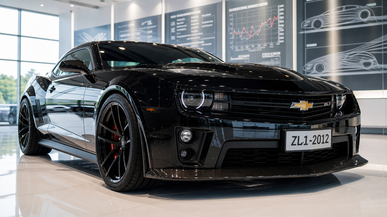 Carro esportivo preto Chevrolet Camaro ZL1 exibido em showroom com gráficos de desempenho ao fundo.