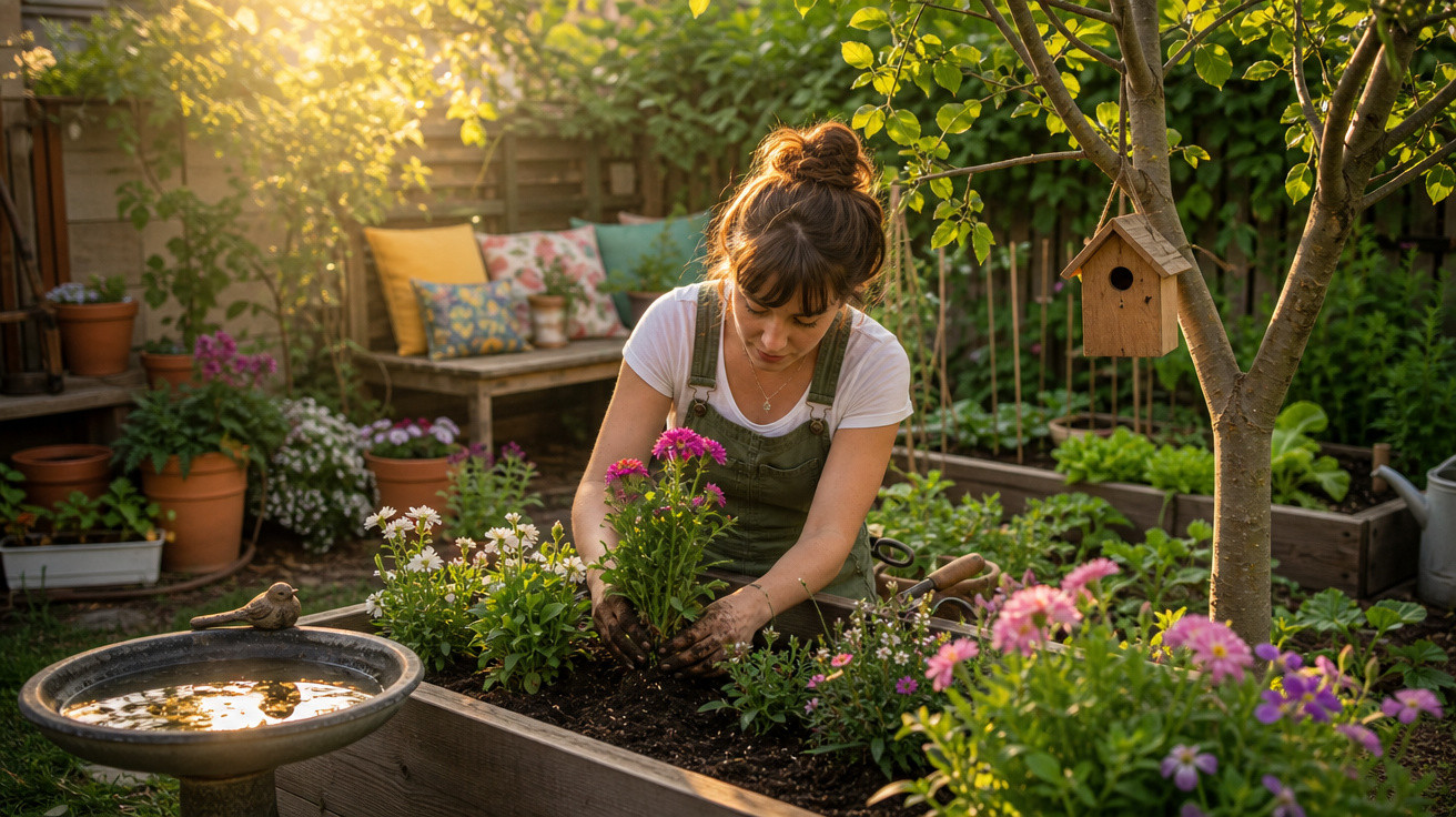 Mulher plantando flores em canteiro de jardim ao entardecer, cercada por plantas e decoração.