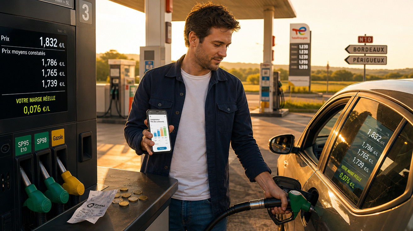 Homem abastecendo carro em posto de combustível com celular na mão mostrando gráfico de preços.
