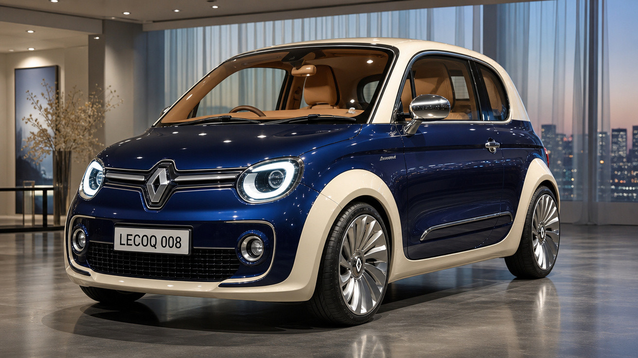 Carro compacto Renault LECOQ 008 azul com detalhes em bege exposto em ambiente interno moderno.