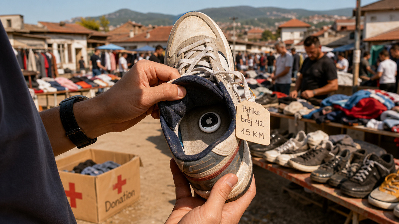 Pessoa segurando tênis usado com etiqueta de preço, em feira ao ar livre com várias roupas e calçados à venda.