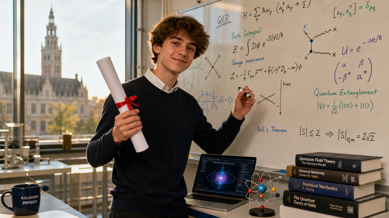 Jovem segurando diploma e escrevendo fórmulas matemáticas em quadro branco em sala com livros e laptop.