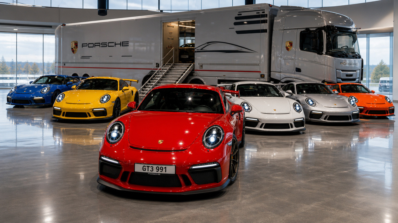 Seis carros esportivos Porsche coloridos estão alinhados em frente a um caminhão de transporte em showroom.