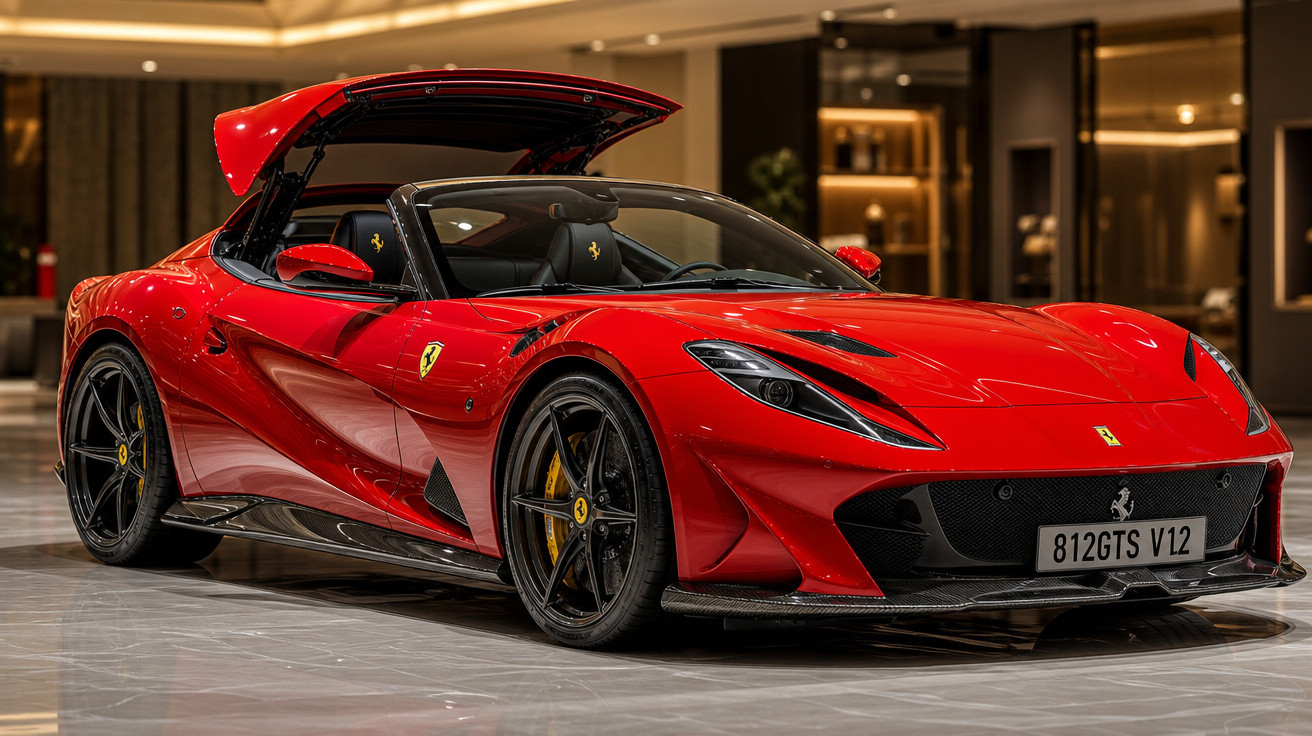 Carro esportivo vermelho Ferrari 812 GTS com capota conversível aberta em showroom iluminado.