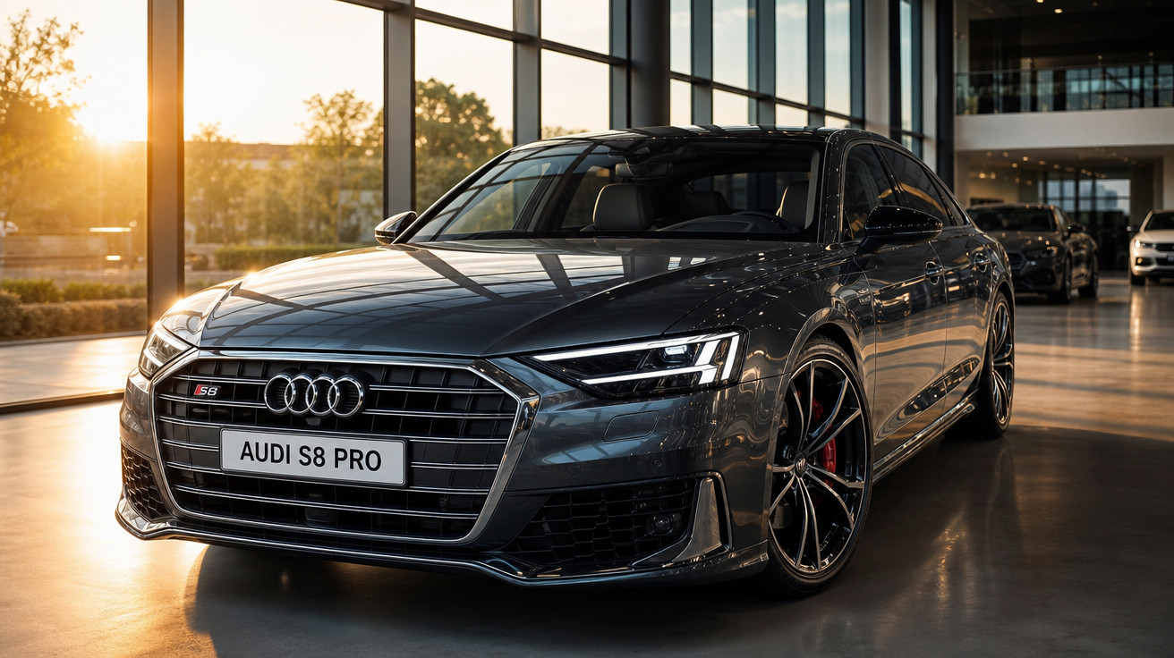Audi S8 Pro cinza escuro estacionado dentro de showroom iluminado pelo pôr do sol.