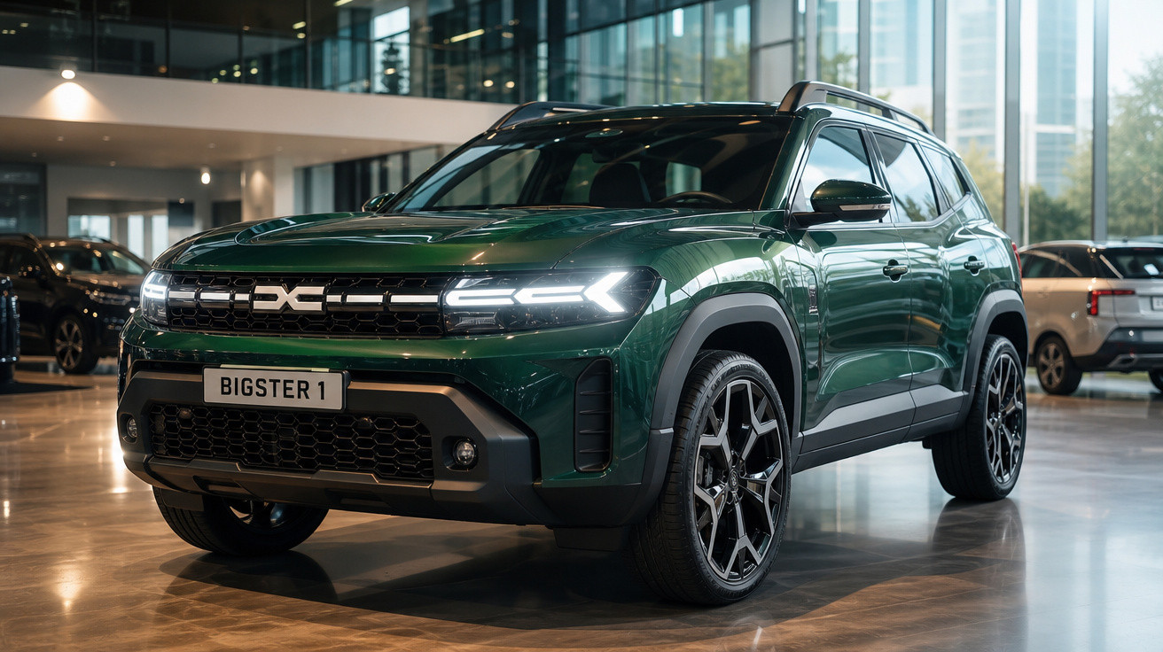 SUV verde escuro modelo Bigster 1 estacionado em showroom iluminado com grandes janelas de vidro.