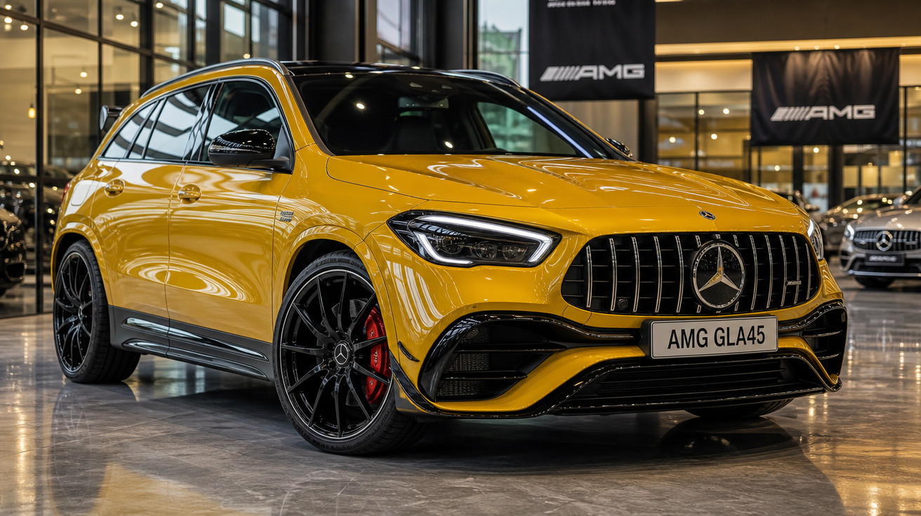 Carro esportivo SUV Mercedes-AMG GLA 45 amarelo exibido em showroom moderno e iluminado.