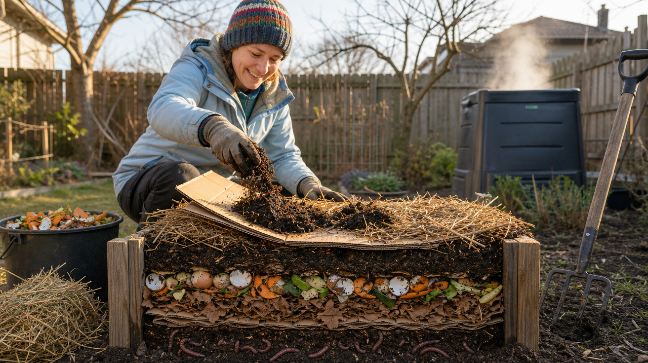 Mulher sorridente preparando compostagem em camadas com resíduos orgânicos e terra no jardim.