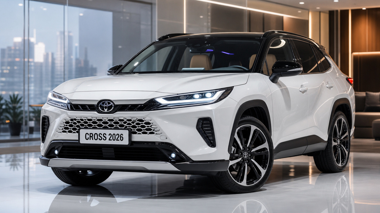 SUV branco Toyota Cross 2026 em ambiente interno moderno, com rodas pretas e teto preto.
