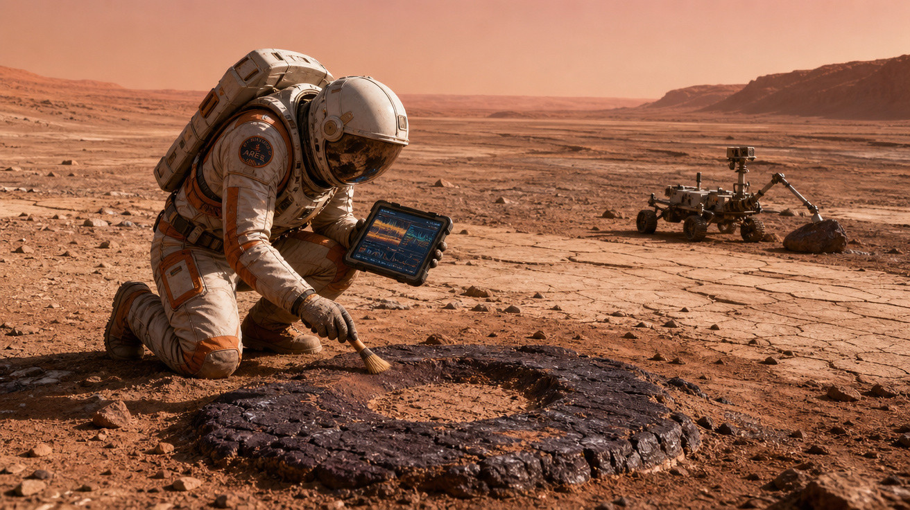 Astronauta examina solo marciano com tablet, rover ao fundo em paisagem árida e avermelhada.