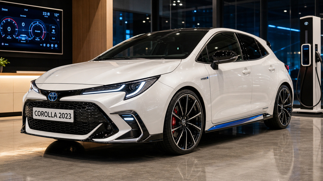 Carro Toyota Corolla 2023 branco, híbrido, estacionado em showroom moderno à noite.