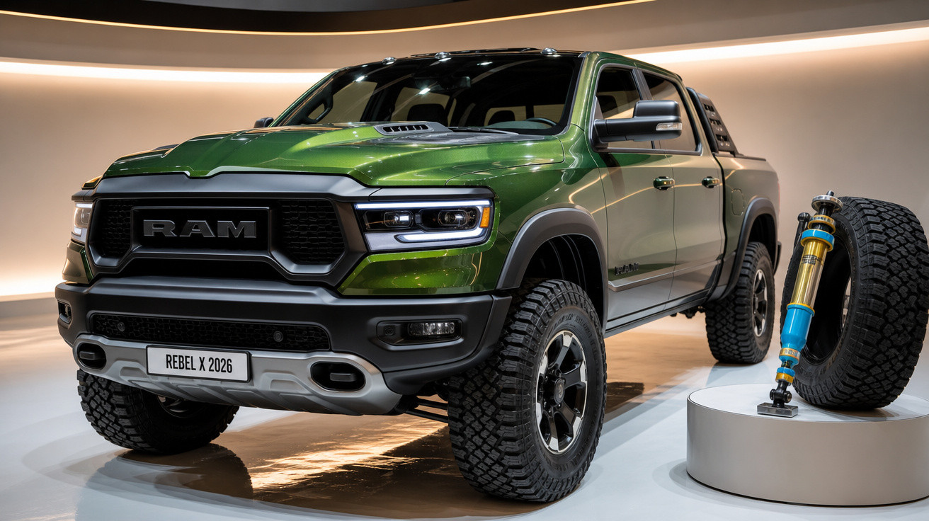 Picape verde RAM Rebel X 2026 exibida em estande com pneu e amortecedor expostos ao lado.
