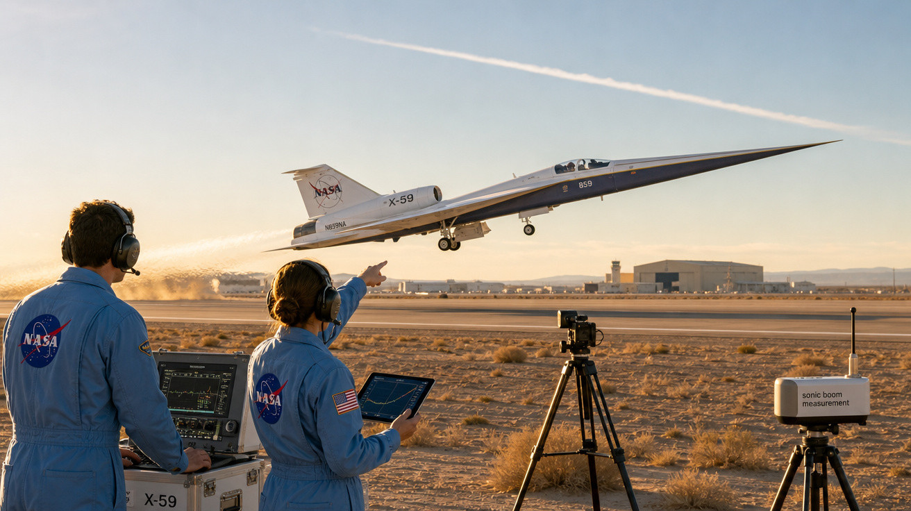 Técnicos da NASA monitoram voo de aeronave X-59 decolando em pista de aeroporto ao pôr do sol.