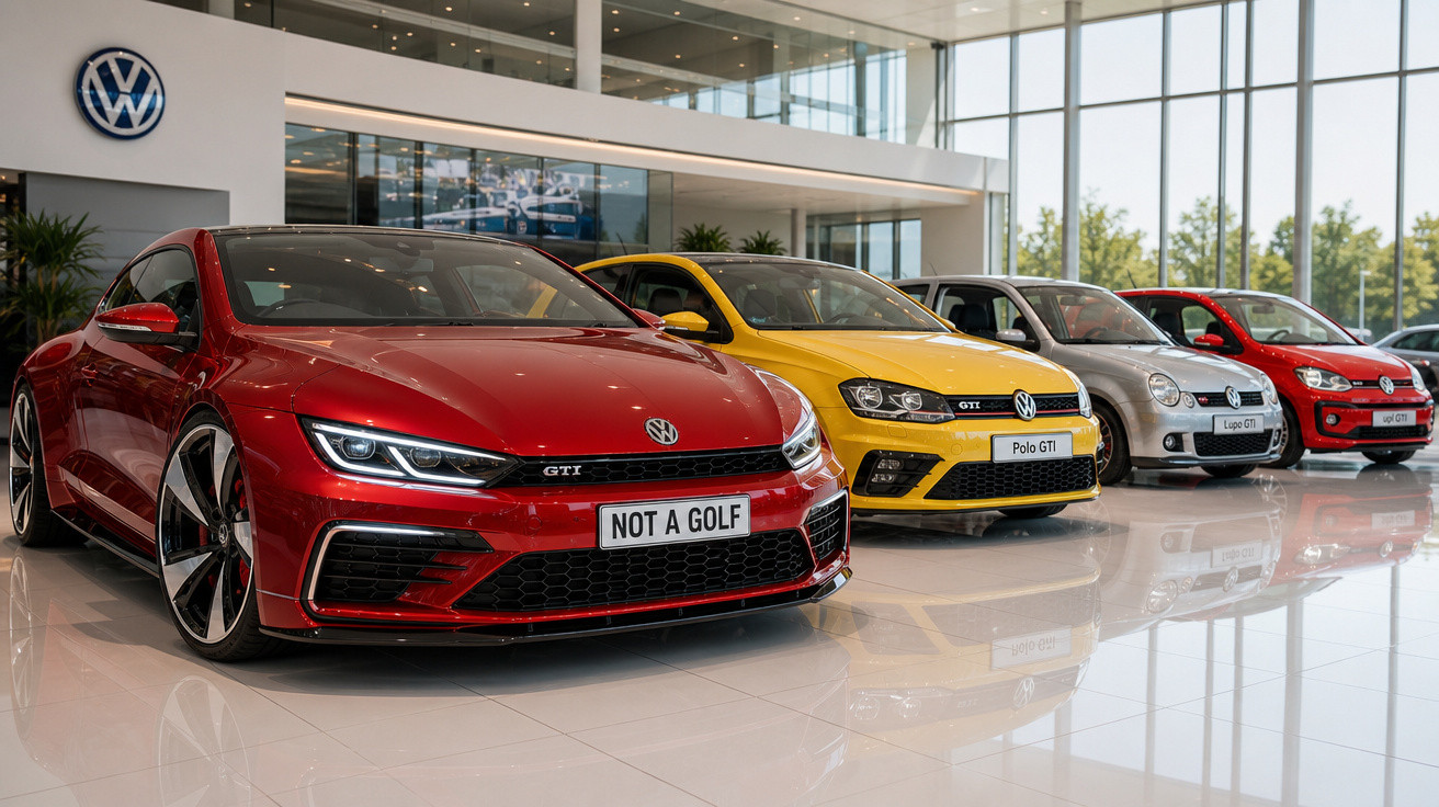 Linha de carros esportivos Volkswagen GTI em exposição dentro de showroom moderno com grandes janelas.