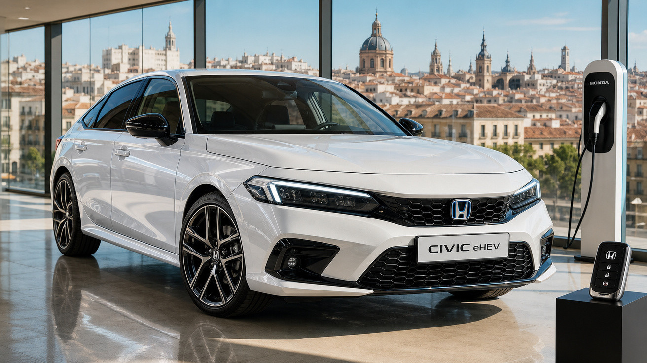 Carro branco Honda Civic eHEV estacionado em showroom moderno com painel de vidro e vista urbana ao fundo.