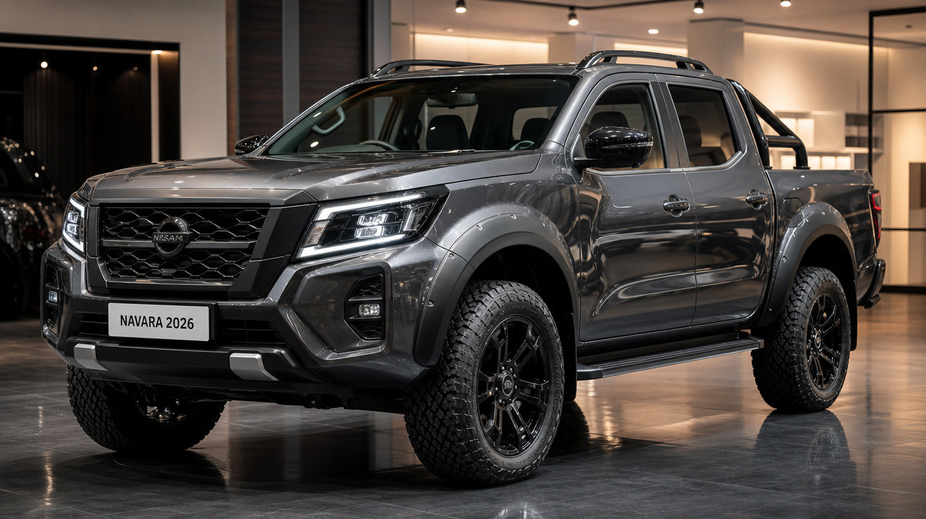 Picape Nissan Navara 2026 cinza escuro, vista frontal, em showroom iluminado.