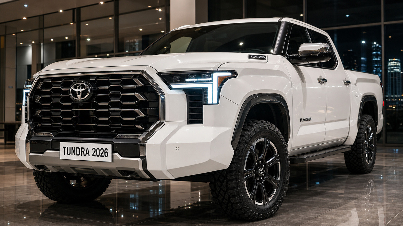 Picape Toyota Tundra 2026 branca estacionada em ambiente interno com iluminação noturna.