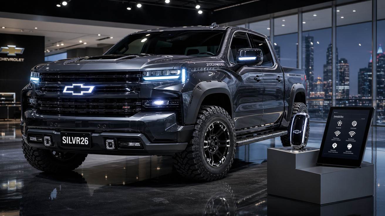 Picape Chevrolet preta em exposição, com logo iluminado e painel digital ao lado em showroom moderno.