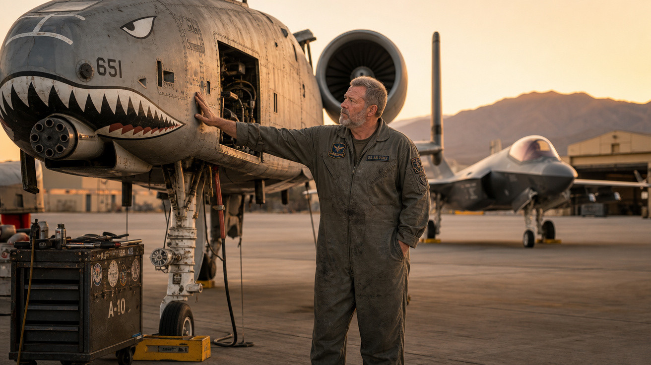 Homem de macacão tocando em avião militar A-10 com pintura de tubarão no nariz durante o pôr do sol.
