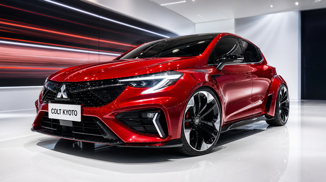 Carro esportivo vermelho Mitsubishi Colt Kyoto em exposição com detalhes modernos e rodas grandes pretas.