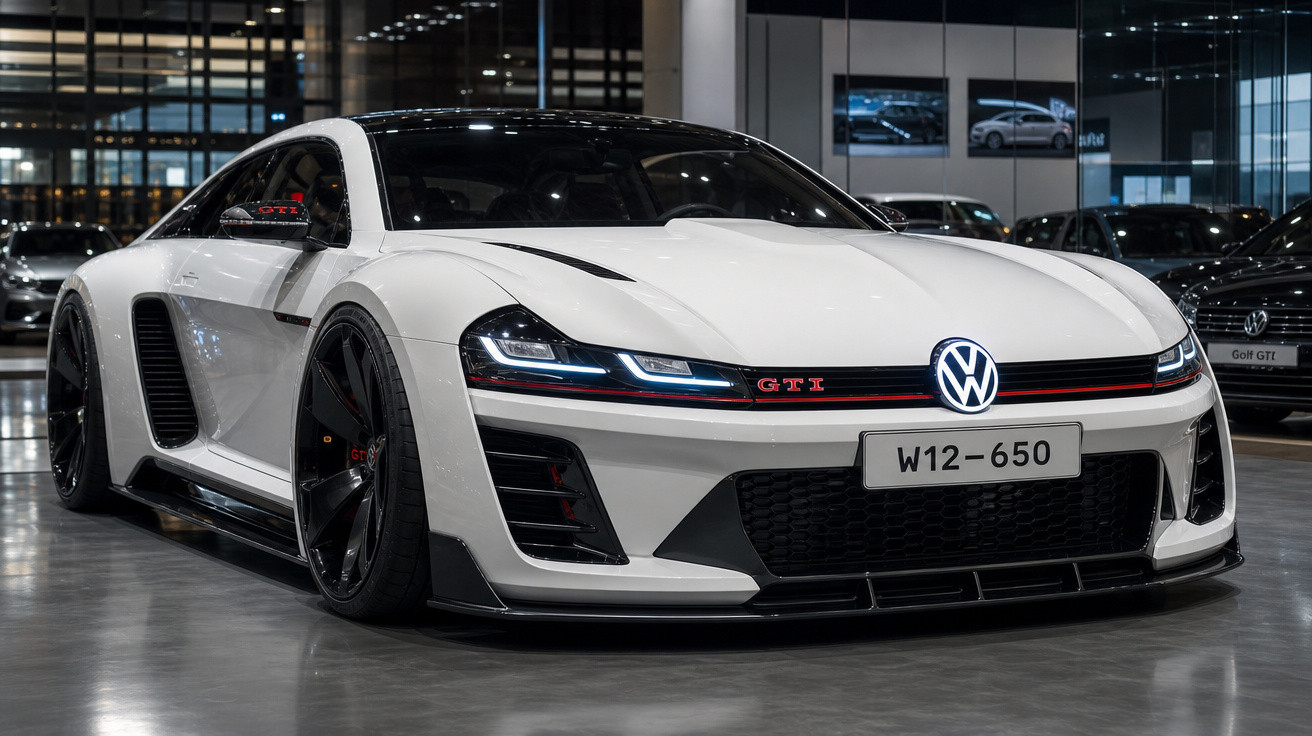 Carro esportivo Volkswagen GTI branco com design moderno exposto em showroom.