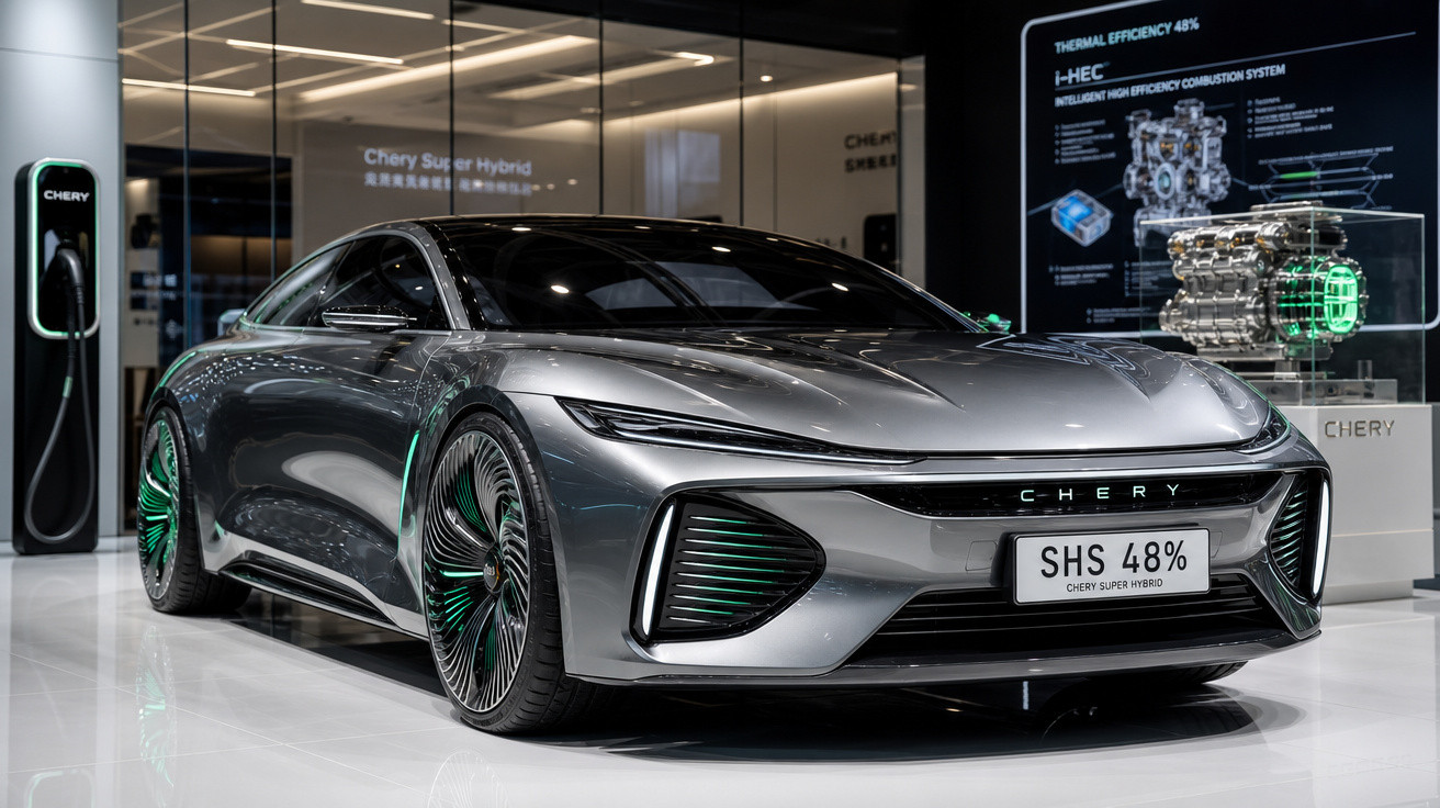Carro esportivo híbridoChery Super Hybrid cinza em exposição com estação de carregamento ao fundo.