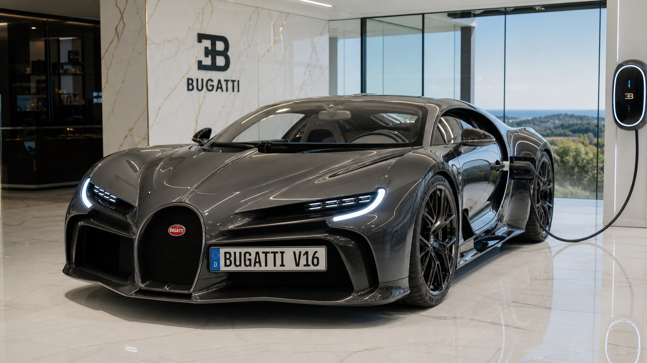 Carro esportivo Bugatti V16 cinza elétrico em showroom iluminado com logo e carregador na parede.
