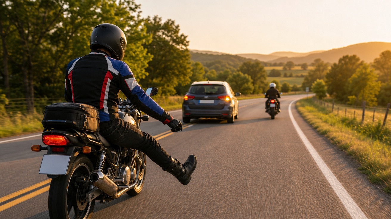 Motociclista com bota estendida pilotando na estrada ao pôr do sol, com carro e outra moto à frente.