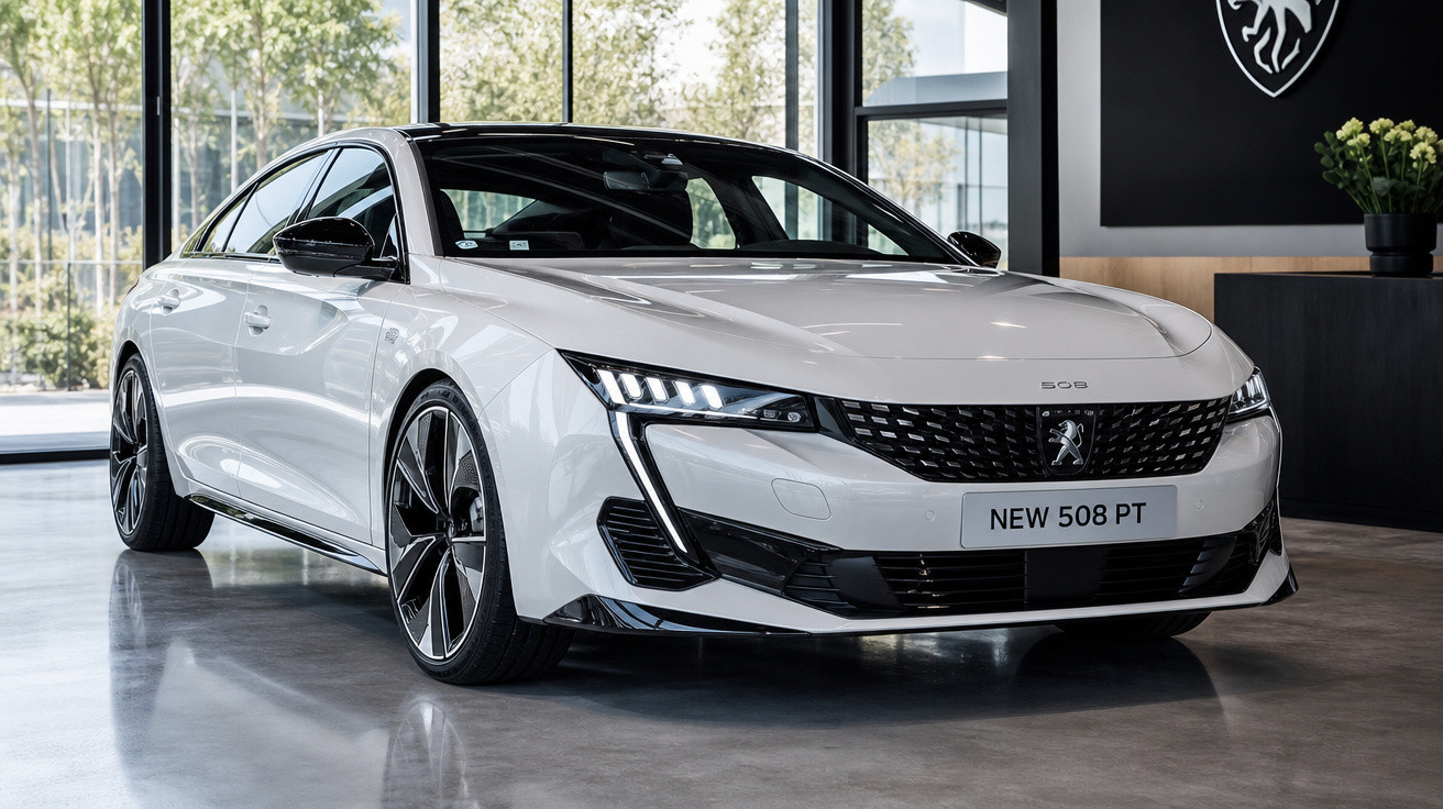 Carro branco Peugeot 508 exibido em showroom moderno com pneus esportivos e faróis LED acesos.
