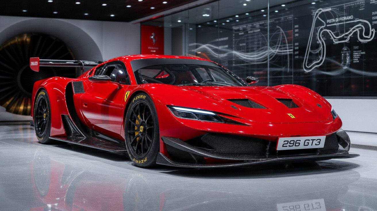 Carro esportivo Ferrari 296 GT3 vermelho em exposição com detalhes aerodinâmicos e pista ao fundo.