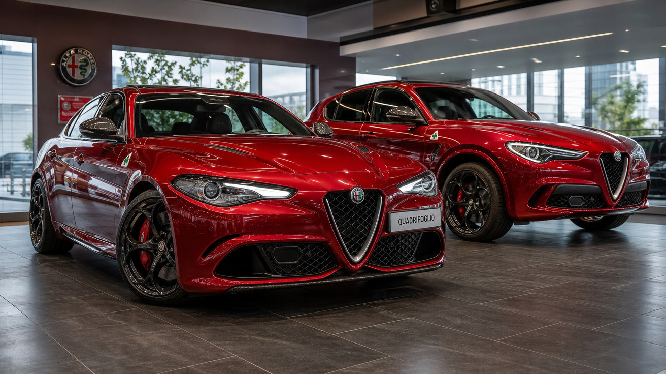 Dois carros esportivos Alfa Romeo Quadrifoglio vermelhos exibidos em showroom moderno com piso de porcelanato cinza.