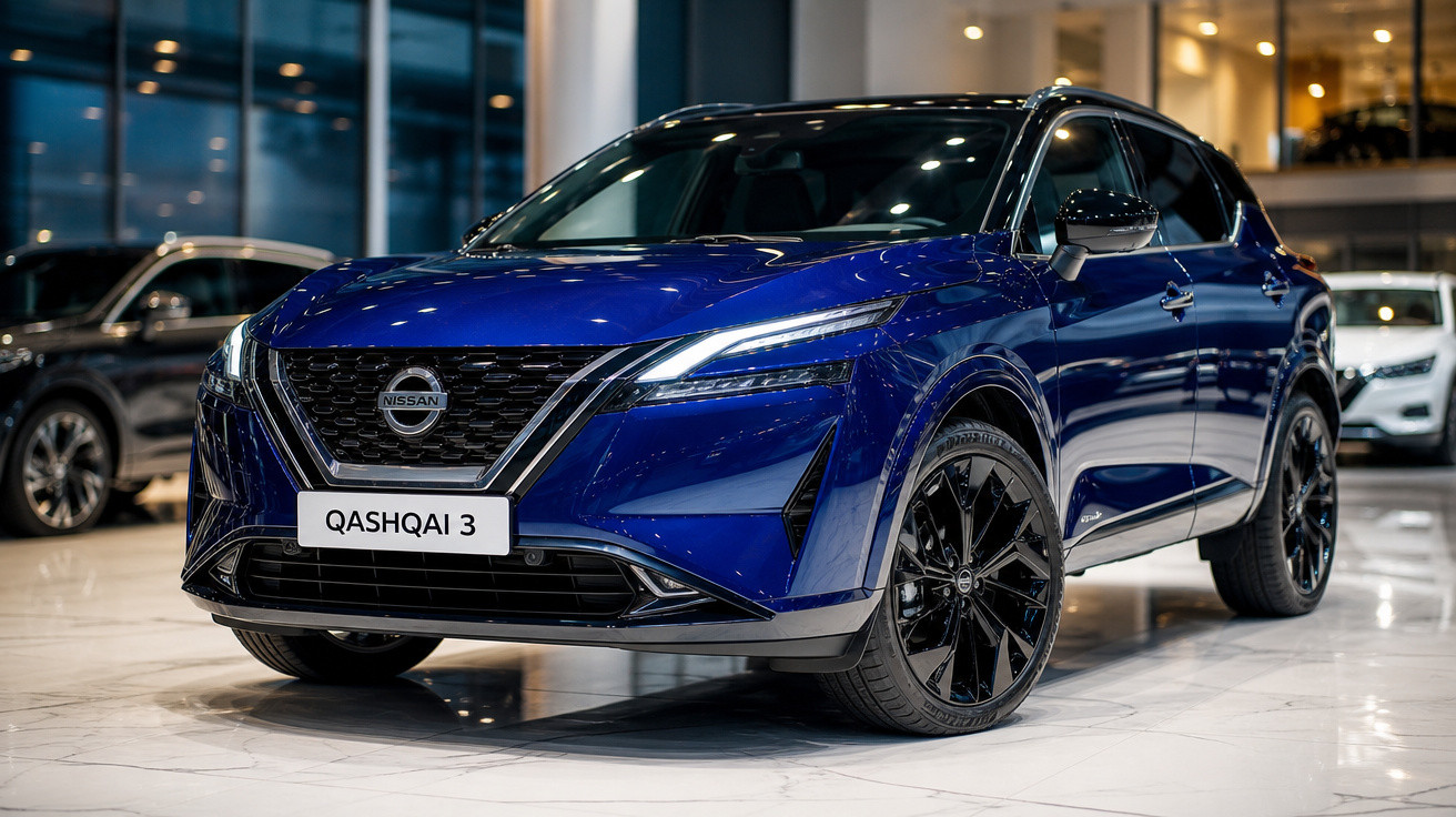 Carro SUV Nissan Qashqai 3 azul exposto em showroom com rodas pretas e teto panorâmico.