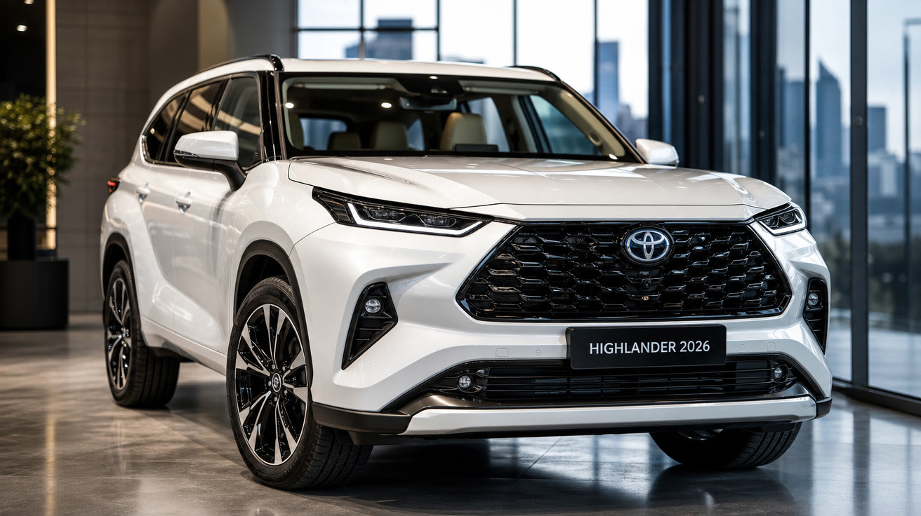 SUV branco Toyota Highlander 2026 em exibição, ambiente interno com piso refletivo e iluminação natural.