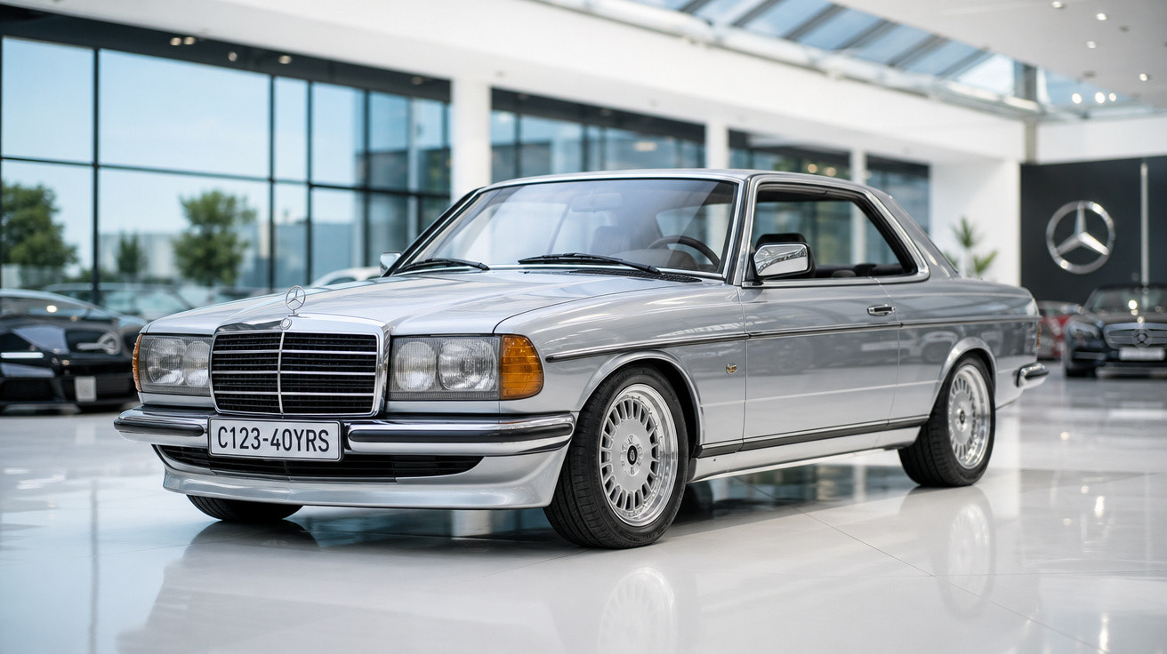 Carro clássico Mercedes-Benz prata estacionado em showroom moderno com piso branco brilhante.
